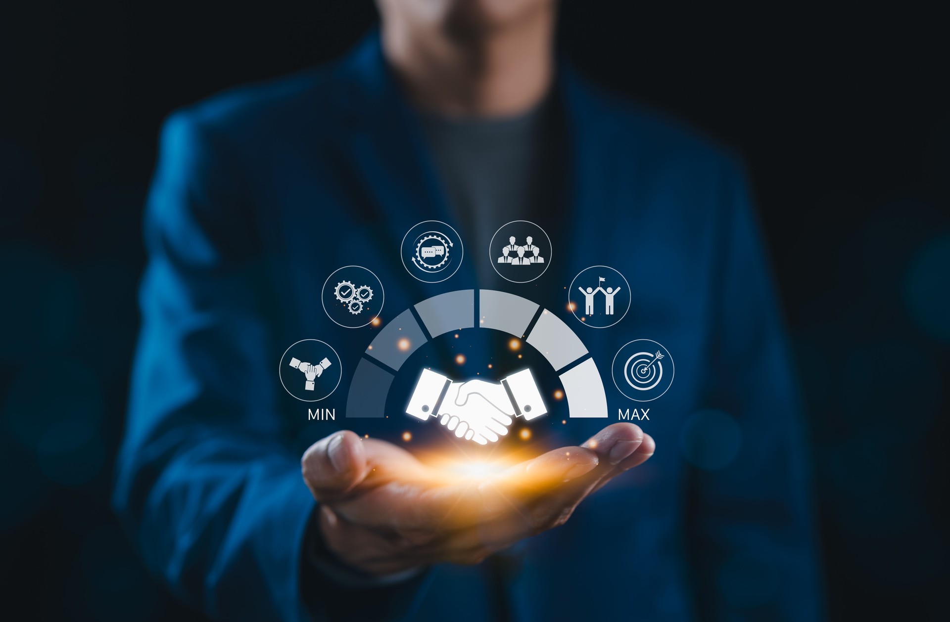 Business Collaboration and Performance Optimization Concept. Businessman presents handshake and teamwork icons, symbolizing collaboration, efficiency, and performance optimization. Trusted Partner,